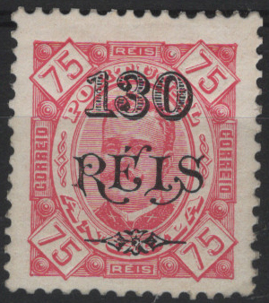 1178.jpg -     Lote:    1178            Angola       Descrição:         1902 &mdash; D. Carlos I, tipo Diogo Neto, com sobretaxa. MF70a, 130 s/ 75 reis, carmim, papel porcelana, denteado 11 &frac12; x 12. Valor de catálogo &euro; 120,00.         **       Valor Base:     &euro; 25,00     Valor Venda:     &euro;      