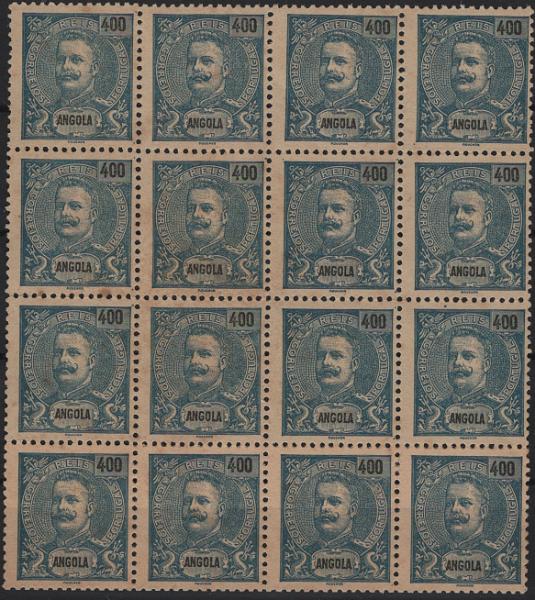 1180.jpg -     Lote:    1180            Angola       Descrição:         1903 &mdash; D. Carlos I Mouchon. Mf86, 400 reis azul s/ amarelo. Bloco com 16 selos, sem goma, sem defeitos nem reparações. Valor de catálogo &euro; 160,00.         *       Valor Base:     &euro; 32,00     Valor Venda:     &euro;      