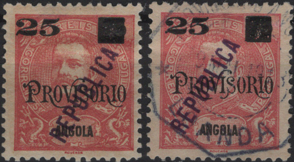 1182.jpg -     Lote:    1182            Angola       Descrição:         1912 &mdash; D. Carlos I Mouchon, com sobrecarga REPUBLICA local e sobretaxa. Mf116, 25 reis s/ 75 reis carmim (Provisório). Lote com dois exemplares, um em estado de novo sem goma e outro em usado, sem defeitos nem reparações. Valor de catálogo &euro; 205,00.         */O       Valor Base:     &euro; 30,00     Valor Venda:     &euro;      