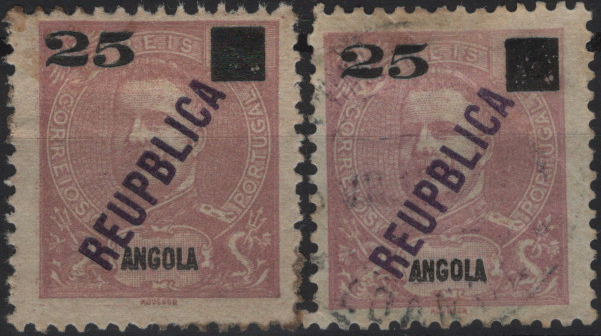1185.jpg -     Lote:    1185            Angola       Descrição:         1912 &mdash; D. Carlos I Mouchon, com sobrecarga REPUBLICA local e sobretaxa. Mf117b, 25 reis s/ 75 reis castanho violeta, com erro REUPBLICA. Lote com dois selos um em estado de novo com goma original e charneira e outro em usado. Valor de catálogo &euro; 270,00.         **/O       Valor Base:     &euro; 45,00     Valor Venda:     &euro;      