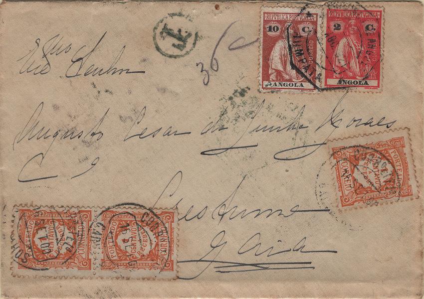 1187.jpg -     Lote:    1187            Angola       Descrição:         1914 &mdash; Ceres. Sobrescrito circulado da Humpata (??.08.21) para Crestuma / Gaia (16.09.00 &mdash; erro de datador) com selos de 2c papel acetinado, denteado 15x14 e 10c papel porcelana, denteado 15x14, MF146b e 151. Tendo a tabela de portes sido alterada em 21.07.21, passando o porte simples das cartas de Angola para Portugal de 12c para 30c, foi porteado com o dobro do porte em falta (30-12=18x2=36C) com 6 selos de 1c e 6 selos de 5c, MF POR22 e 26. Exemplar raro, sem reparações nem defeitos.         Carta       Valor Base:     &euro; 50,00     Valor Venda:     &euro;      