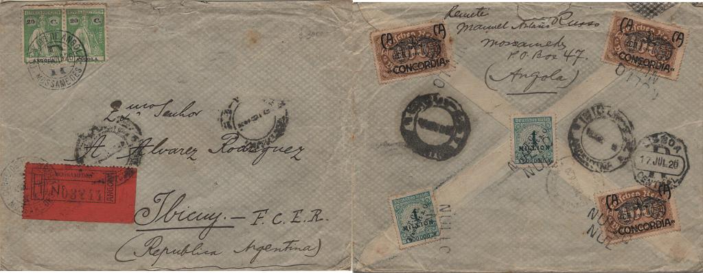 1189.jpg -     Lote:    1189            Angola       Descrição:         1921 &mdash; Ceres. Mf153c, 20c verde, papel liso, denteado 12x11 &frac12;. Par horizontal em sobrescrito circulado registado de Moçamedes (13.06.26) para a Argentina, com trânsito por Lisboa (17.06.26). No verso 5 selos da Alemanha considerados nulos.         Carta       Valor Base:     &euro; 20,00     Valor Venda:     &euro;      