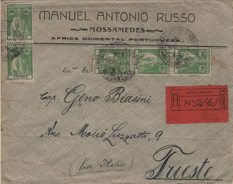 1190.jpg -     Lote:    1190            Angola       Descrição:         1921 &mdash; Ceres. Sobrescrito circulado registado de Mossâmedes (11.05.24) para Trieste (15.06.24) com 5x20c MF153d (frente) + tira de 5 selos de 10c MF151f (verso) no total de 1$50 para pagar o porte simples (1$00) para cartas com peso até 20g remetidas para o estrangeiro + 50c pelo prémio de registo. Exemplar sem defeitos nem reparações.         Carta       Valor Base:     &euro; 30,00     Valor Venda:     &euro;      