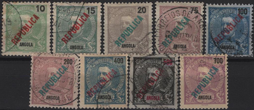 1191.jpg -     Lote:    1191            Angola       Descrição:         1914 &mdash; D. Carlos I Mouchon, com sobrecarga REPUBLICA tipografada localmente. Mf 158/166. Série completa em estado de usado, sem defeitos nem reparações. Valor de catálogo &euro; 155,00.         O       Valor Base:     &euro; 25,00     Valor Venda:     &euro;      