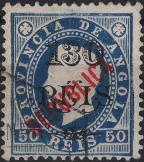 1192.jpg -     Lote:    1192            Angola       Descrição:         1914 &mdash; D. Luís I, fita direita. Selos de 1902 com sobrecarga REPUBLICA tipografada localmente. Mf169, 130 s/ 50 reis azul, denteado 12 Ÿ, papel porcelana. Exemplar usado, sem defeitos nem reparações. Valor de catálogo &euro; 155,00.         O       Valor Base:     &euro; 25,00     Valor Venda:     &euro;      