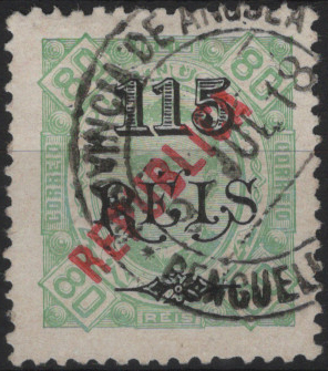 1193.jpg -     Lote:    1193            Angola       Descrição:         1914 &mdash; D. Carlos I, tipo Diogo Neto. Selos de 1902 com sobrecarga REPUBLICA tipografada localmente. MF170, 115 s/ 80 reis verde claro, denteado 12 Ÿ. Valor de catálogo &euro; 270,00.         O       Valor Base:     &euro; 45,00     Valor Venda:     &euro;      
