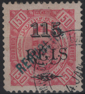 1195.jpg -     Lote:    1195            Angola       Descrição:         1914 &mdash; D. Carlos I, tipo Diogo Neto, com sobretaxa. Selos de 1902 com sobrecarga REPUBLICA tipografada localmente. MF172a, 115 reis s/ 150 reis, carmim s/ rosa, papel porcelana, denteado 11 &frac12;. Exemplar sem reparações, com um canto curto e um pequeno ponto de adelgaçamento, com impressão parcial da sobrecarga e com boa cor. Certificado de peritagem de J. Miranda da Mota. Valor de catálogo &euro; 300,00.         *       Valor Base:     &euro; 50,00     Valor Venda:     &euro;      