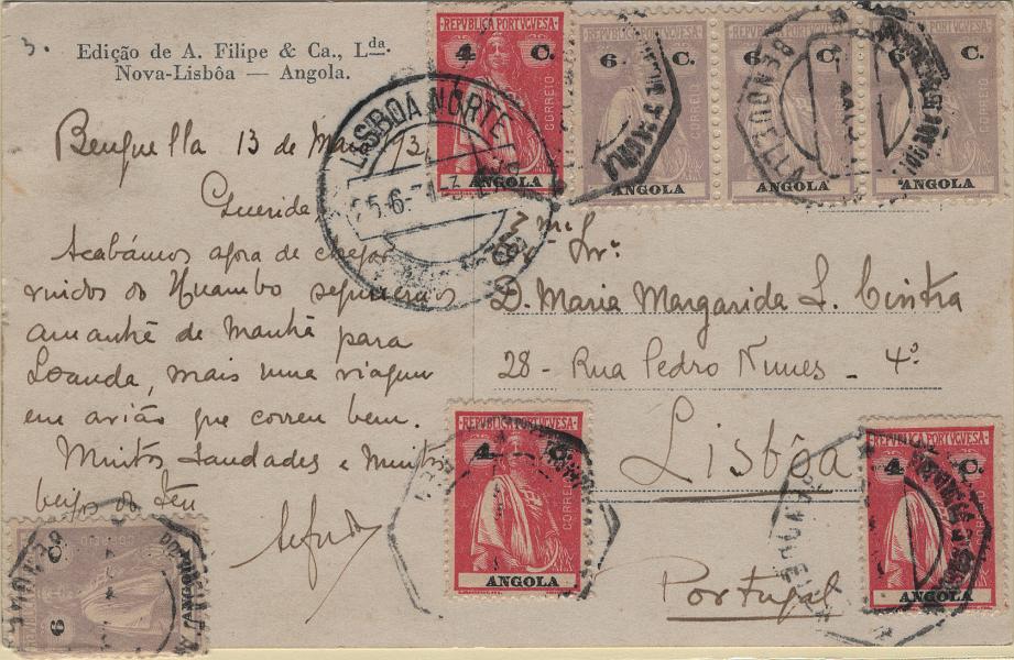 1204.jpg -     Lote:    1204            Angola       Descrição:         192&frac12;3 &mdash; Ceres. Novas cores e taxas. Postal ilustrado circulado de Benguela (13.05.31) para Lisboa (25.06.31) com 3 selos de 4c carmim rosa, Mf201 e 4 selos de 6c lilás claro, Mf202a, no total de 36c para pagar o porte de bilhetes postais simples remetidos para Portugal.         PI       Valor Base:     &euro; 20,00     Valor Venda:     &euro;      