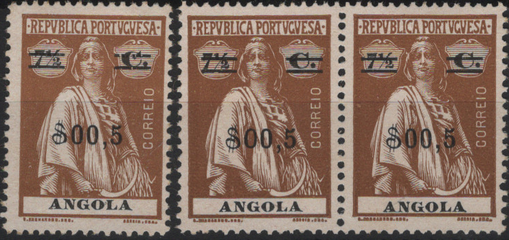 1205.jpg -     Lote:    1205            Angola       Descrição:         1921 &mdash; Ceres, com sobretaxa. MF198, $00,5 s/ 7 &frac12; c. Lote composto por par horizontal com um dos selos com primeiro "0" diferente e selo isolado com "$" partido. Valor de catálogo &euro; 100,00.         *       Valor Base:     &euro; 20,00     Valor Venda:     &euro;      