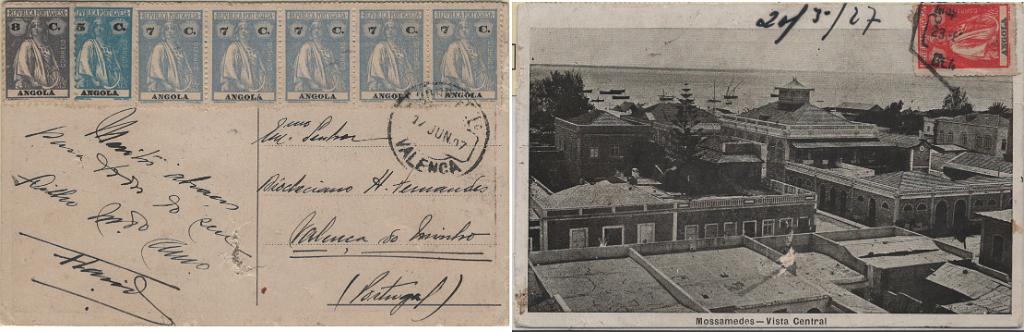 1206.jpg -     Lote:    1206            Angola       Descrição:         1914/22 &mdash; Ceres. Postal ilustrado circulado de Benguela (23.05.27) para Valença (17.06.27) com selos de 2c carmim Mf146a (no verso), 5c azul, Mf148b, 8c ardósia Mf150b e tira de 5 selo de 7c ultramar, Mf204b no total de 50c para pagar o porte simples para bilhetes-postais circulados para Portugal.         PI       Valor Base:     &euro; 25,00     Valor Venda:     &euro;      