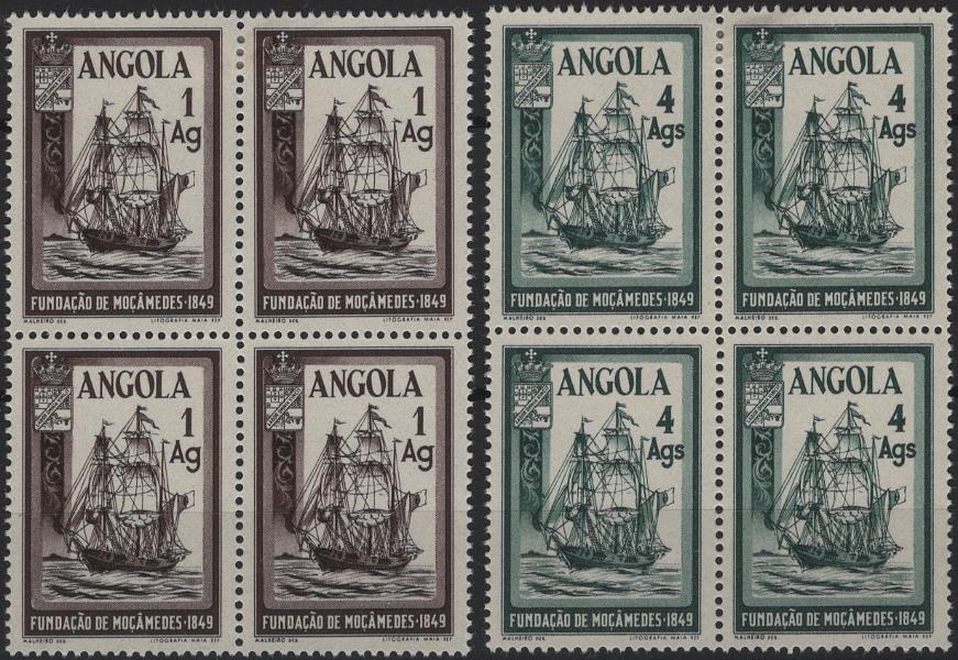 1209.jpg -     Lote:    1209            Angola       Descrição:         1949 &mdash; Centenário da Fundação de Moçamedes. MF 318/319. Série completa em quadras. Valor de catálogo &euro; 204,00.         ***       Valor Base:     &euro; 40,00     Valor Venda:     &euro;      