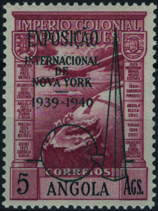 1214.jpg -     Lote:    1214            Angola       Descrição:         1938 &mdash; Correio aéreo. Império Colonial Português, com sobrecarga a preto "EXPOSIÇÃO INTERNACIONAL DE NOVA YORK / 1939-1940". MF CA7a, 5$00 castanho vermelho. Exemplar novo com goma original e sinal de charneira, boa cor, sem defeitos nem reparações, assinado no verso. MB e MR. Valor de catálogo &euro; 150,00.         **       Valor Base:     &euro; 40,00     Valor Venda:     &euro;      