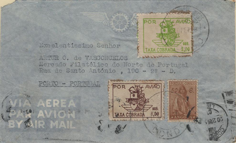 1215.jpg -     Lote:    1215            Angola       Descrição:         1932/47 &mdash; Ceres. Novo tipo + Correio Aéreo * Emblema dos CTT. Sobrescrito circulado por via aérea do Dondo (10.02.48) para o Porto, com trânsito por Luanda (13.02.48) e Lisboa (20.02.48) com selo de 50c MF236 para pagar o porte ordinário simples para cartas com o peso até 20g remetidas para Portugal + selos de 1,00Ag e 2,00Ags (CA 10/11) para pagar a sobretaxa do correio aéreo para cartas com o peso até 5g remetidas para Portugal. Exemplar sem defeitos nem reparações. B e R,         Carta       Valor Base:     &euro; 35,00     Valor Venda:     &euro;      