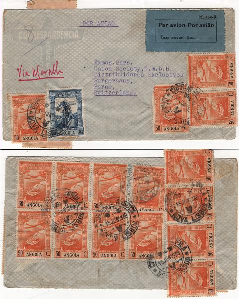 1221.jpg -     Lote:    1221            Angola       Descrição:         1936/38 &mdash; Sobretaxa do Correio Aéreo * Legenda Taxe Perçue + Império Colonial Português + Império Colonial Português * Correio Aéreo. Sobrescrito circulado por via aérea de Nova Lisboa (15.06.39) para a Suíça, via Marselha, com trânsito pelo Lobito (15.06.39), com selos de 1$75 (MF271) para pagar o porte simples ordinário para cartas com o peso até 20g para países estrangeiros + 16 selos de 50C (MF CA3) no total de 8$00 para pagar o 2.º porte da sobretaxa aérea para cartas com o peso de 6 s 10g para a Europa via Marselha. Inclui etiqueta MOD 264-A sem taxa manuscrita, apenas indicativa do meio aéreo. Exemplar sem defeitos nem reparações. B e R.         Carta       Valor Base:     &euro; 75,00     Valor Venda:     &euro;      