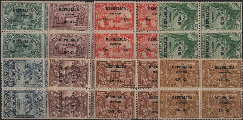 1225.jpg -     Lote:    1225            Congo       Descrição:         1913 &mdash; 4.º Centenário da Descoberta do Caminho Marítimo para a Índia, sobrecarga e sobretaxa sobre selos de África. Mf 75/82. Série completa em quadras. Exemplares com goma original sem defeitos nem reparações. MB e MR nestas condições. Valor de catálogo &euro; 360,00.         ***       Valor Base:     &euro; 80,00     Valor Venda:     &euro;      