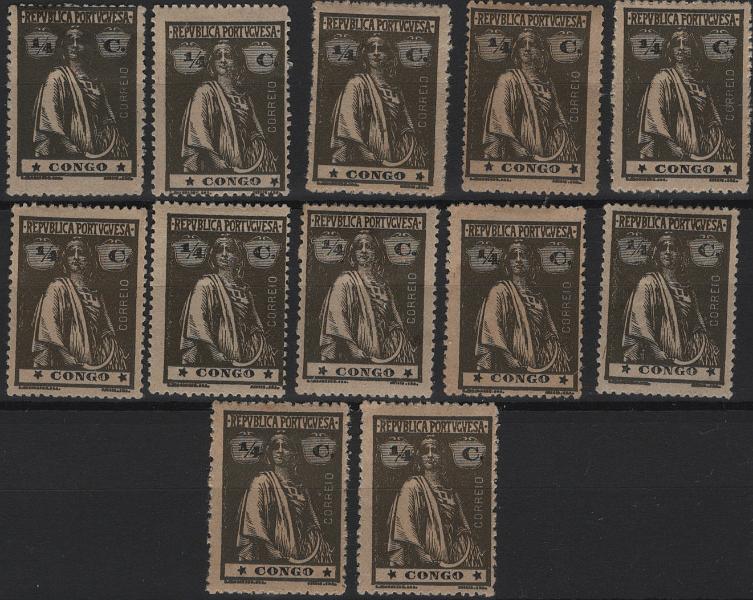1228.jpg -     Lote:    1228            Congo       Descrição:         1920 &mdash; Ceres. MF99, &frac14; c sépia, papel amarelado, denteado 15x14. Lote com 12 selos com estudo de posição de estrelas: I/I, I/II, I/III, I/IV, II/II, II/III, III/I, III/II, III/III, III/IV, IV/I e IV/IV. Valor de catálogo &euro; 96,50.         **/*       Valor Base:     &euro; 30,00     Valor Venda:     &euro;      
