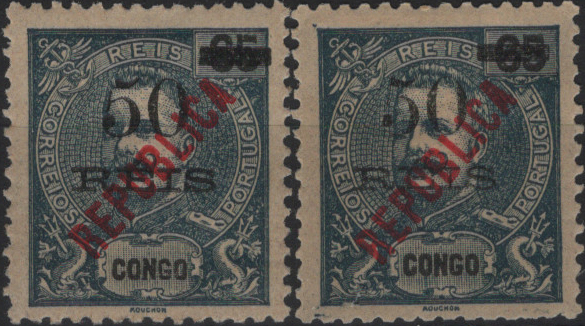 1233.jpg -     Lote:    1233            Congo       Descrição:         1914 &mdash; D. Carlos I Mouchon, com sobretaxa. Selos de 1905, com sobrecarga REPUBLICA tipografada localmente. MF123a e 123b, 50 s/ 65 reis. Lote de dois selos: um com fenda tipo I e outro com fenda tipo II. Valor de catálogo &euro; 100,00.         **       Valor Base:     &euro; 25,00     Valor Venda:     &euro;      