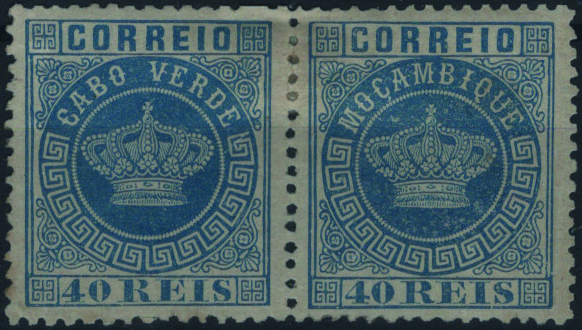 1236.jpg -     Lote:    1236            Cabo Verde       Descrição:         1877 &mdash; Coroa. MF5, 40 reis azul, papel liso, denteado 12 &frac12;. Par horizontal, bem centrado, com boa cor, com goma não original, sem defeitos nem reparações, com o 2.º selo com ERRO, cliché MOÇAMBIQUE, que se situa na posição 18 da folha. B e MR. Certificado de peritagem do INEXFIP. Valor de catálogo &euro; 3.000.00.         (*)       Valor Base:     &euro; 600,00     Valor Venda:     &euro;      