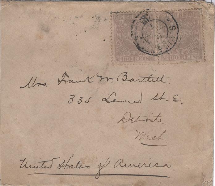 1243.jpg -     Lote:    1243            Cabo Verde       Descrição:         1877 &mdash; Coroa. MF7, 100 reis lilás claro, papel liso médio, denteado 13 &frac12;. Dois selos em sobrescrito circulado de S. Vicente (12.01.85) para Detroit (06.02.85) com trânsito por Londres (24.01.85) e Nova York (05.02.85), perfazendo o porte de 200 reis para pagar o 2.º porte de cartas remetidas para os países da UPU com o peso entre 16 e 30g. Certificado de peritagem de Leilões P. Dias, Lda.         Carta       Valor Base:     &euro; 1.000,00     Valor Venda:     &euro;      