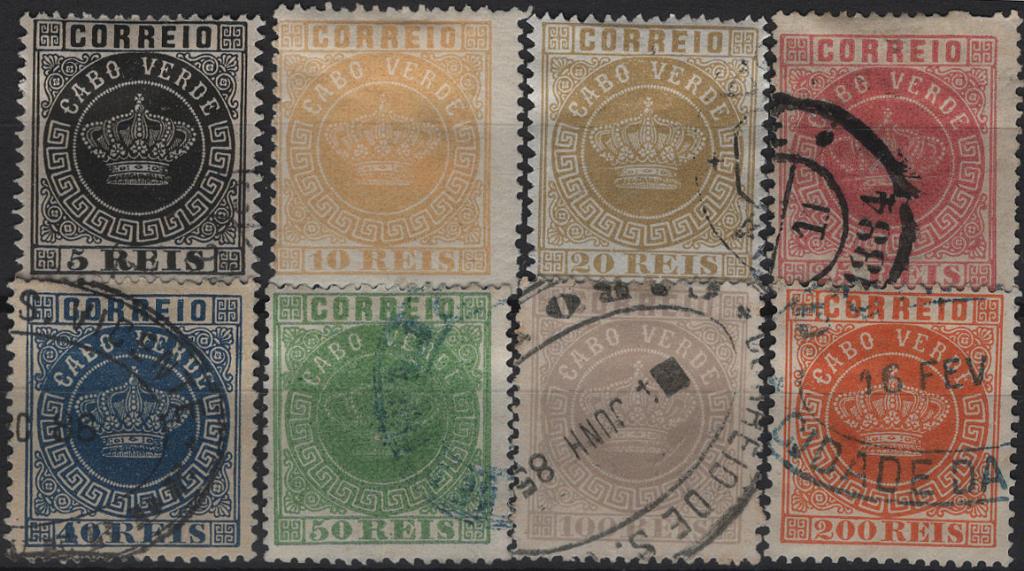 1248.jpg -     Lote:    1248            Cabo Verde       Descrição:         1877 &mdash; Coroa. Mf 1/6 + 7/8, papel liso, denteado 13 &frac12;. Série completa, neste denteado, em estado de usado. Exemplares sem defeitos significativos nem reparações. Valor de catálogo &euro; 370,00.         O       Valor Base:     &euro; 55,00     Valor Venda:     &euro;      