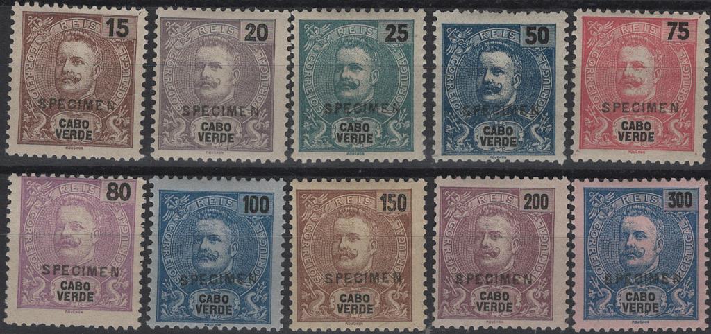 1265.jpg -     Lote:    1265            Cabo Verde       Descrição:         1898/1901 &mdash; D. Carlos I Mouchon. Mf40/49. Série incompleta com sobrecarga horizontal "SPECIMEN" impressa a preto. Selos originais distribuídos com as reimpressões de 1905. MB e MR.         **       Valor Base:     &euro; 200,00     Valor Venda:     &euro;      