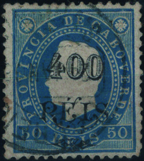 1267.jpg -     Lote:    1267            Cabo Verde       Descrição:         1902 &mdash; D. Luís I. Fita direita, com sobretaxa. Selo de 400 reis s/ 50 reis azul, denteado 12 Ÿ, sobretaxa tipo II. Exemplar usado, sem reparações e pequenos defeitos no denteado, porém muito raro. NÃO CATALOGADO. Certificado de peritagem de Leilões P. Dias, Lda.         O       Valor Base:     &euro; 100,00     Valor Venda:     &euro;      