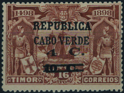 1276.jpg -     Lote:    1276            Cabo Verde       Descrição:         1921 &mdash; 4.º Centenário da Descoberta do Caminho Marítimo para a Índia, sobrecarga e sobretaxa e nova sobretaxa sobre selos de Timor. Selo 4c s/ 10c s/ 16 avos castanho amarelo. Exemplar sem goma, sem reparações, com um vinco horizontal e pequeno corte nesse vinco, com boa cor. NÃO CATALOGADO. Certificado de peritagem de J. Miranda da Mota.         *       Valor Base:     &euro; 200,00     Valor Venda:     &euro;      