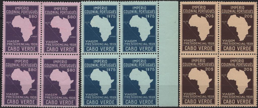 1279.jpg -     Lote:    1279            Cabo Verde       Descrição:         1939 &mdash; Segunda Viagem Presidencial às Colónias. Mf 236/238. Série completa em quadras. Exemplares sem defeitos nem reparações com goma original sem charneira nos selos inferiores e com charneira nos selos superiores. MB. Valor de catálogo &euro; 1.070,00.         ***/**       Valor Base:     &euro; 200,00     Valor Venda:     &euro;      