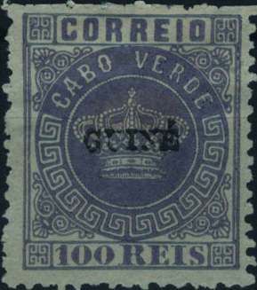 1284.jpg -     Lote:    1284            Guiné       Descrição:         1879/82 &mdash; Coroa. Selos de Cabo Verde, com sobrecarga "GUINÉ" pequena * Não emitidos. Mf7, 100 reis lilás malva, papel liso fino, denteado 12 Ÿ. Exemplar sem goma como emitido, com denteado ligeiramente farpeado, sem defeitos nem reparações. Certificado de peritagem de Leilões P. Dias, Lda. Valor de catálogo &euro; 500,00.         *       Valor Base:     &euro; 100,00     Valor Venda:     &euro;      