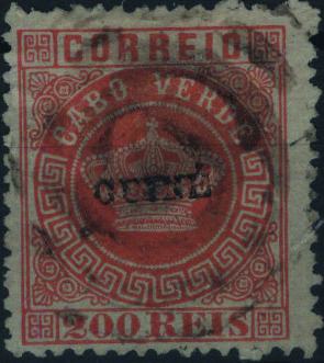 1287.jpg -     Lote:    1287            Guiné       Descrição:         1879/82 &mdash; Coroa. Selos de Cabo Verde, com sobrecarga "GUINÉ" pequena * Não emitidos. Mf8, 200 reis laranja, papel liso fino, denteado 12 Ÿ, em estado de usado, sem reparações com denteado farpeado, normal nestes selos. Certificado de peritagem de Leilões P. Dias, Lda. Valor de catálogo &euro; 1.000,00.         O       Valor Base:     &euro; 200,00     Valor Venda:     &euro;      