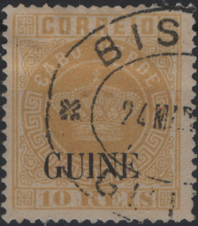 1294.jpg -     Lote:    1294            Guiné       Descrição:         1879/84 &mdash; Coroa. Selos de Cabo Verde, com sobrecarga GUINÉ grande. MF11, 10 reis amarelo, denteado 13 &frac12;. Exemplar sem defeitos nem reparações, obliterado com carimbo de dupla oval "BISSAU / GUINÉ" batido a preto. Certificado de peritagem de Leilões P. Dias, Lda. Valor de catálogo &euro; 320,00.         O       Valor Base:     &euro; 65,00     Valor Venda:     &euro;      