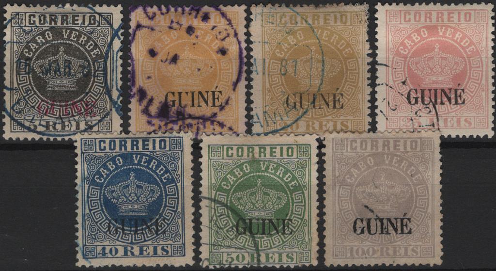 1297.jpg -     Lote:    1297            Guiné       Descrição:         1879/84 &mdash; Coroa. Selos de Cabo Verde, som sobrecarga "GUINÈ" grande. Mf10/16. Série incompleta, em denteado 13 &frac12;, papel liso fino. Exemplares sem defeitos nem reparações. Valor de catálogo &euro; 621,00.         O       Valor Base:     &euro; 120,00     Valor Venda:     &euro;      