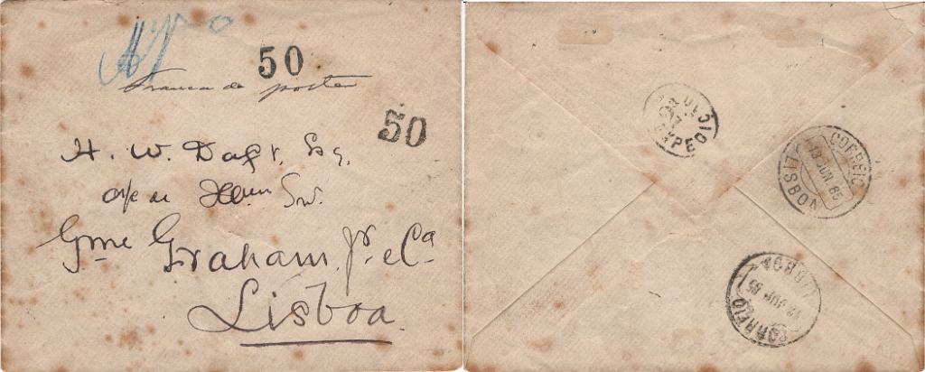 1299.jpg -     Lote:    1299            Guiné       Descrição:         1885 &mdash; Selos fixos de recurso. Sobrescrito circulado de Bissau para Lisboa (12 e 13.06.85) com marca manuscrita "FRANCA DE PORTE", aplicada em Bissau e com selo fico de "50" reis aplicado também em Bissau, batido a preto e também selo fixo de "50" reis, aplicado em Lisboa. Método de franqueio utilizado no período de 1885 a 1886 na Guiné, autorizado pelo Diretor dos Correios Aníbal Barbosa Vicente. Exemplar referenciado por Marsden no número especial do Timbre-Poste editado em 1887 a propósito da falta de selos naquela colónia. Exemplar sem reparações, com algumas aflorações de óxido. Certificado de peritagem de Leilões P. Dias, Lda.         Carta       Valor Base:     &euro; 250,00     Valor Venda:     &euro;      