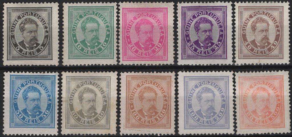 1303.jpg -     Lote:    1303            Guiné       Descrição:         1886 &mdash; D. Luís I. MF24/33. Série completa em papel porcelana, denteado 12 Ÿ. A maioria dos exemplares sem goma. Valor de catálogo &euro; 855,00.         **/*       Valor Base:     &euro; 125,00     Valor Venda:     &euro;      