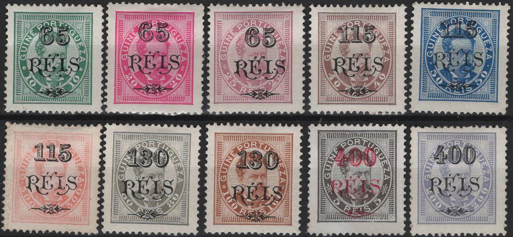 1306.jpg -     Lote:    1306            Guiné       Descrição:         1902 &mdash; D. Luís I, com sobretaxa. MF 62/71. Série completa, papel porcelana, denteado 12 Ÿ. Exemplares com goma original e sinal de charneira, exceto MF60 com goma não original e MF70 sem goma. Valor de catálogo &euro; 285,00.         **/(*)       Valor Base:     &euro; 50,00     Valor Venda:     &euro;      