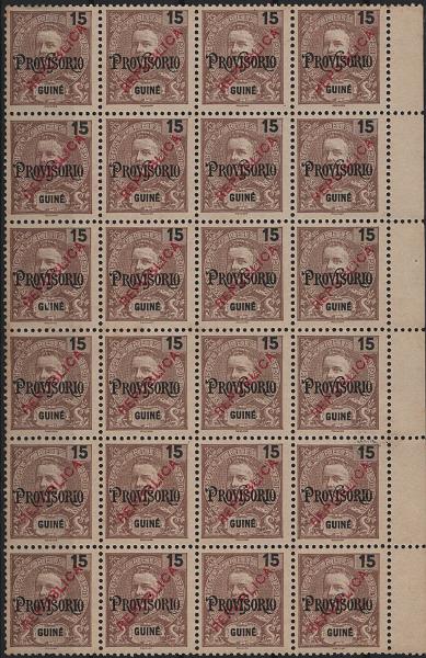 1311.jpg -     Lote:    1311            Guiné       Descrição:         1913 &mdash; D. Carlos I, com sobrecarga "REPUBLICA" tipografada localmente. MF141, 15 reis castanho "PROVISORIO". Bloco com 24 selos. Exemplar sem goma como emitido, sem defeitos nem reparações. Valor de catálogo &euro; 840,00.         *       Valor Base:     &euro; 100,00     Valor Venda:     &euro;      