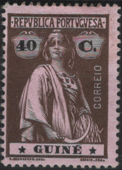 1315.jpg -     Lote:    1315            Guiné       Descrição:         1914 &mdash; Ceres. MF156a, 40C castanho s/ rosa, papel porcelana, denteado 15x14, estrelas I/I. Valor de catálogo &euro; 85,00.         **       Valor Base:     &euro; 22,00     Valor Venda:     &euro;      