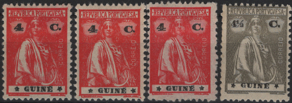 1318.jpg -     Lote:    1318            Guiné       Descrição:         1922 &mdash; Ceres. Novas cores e valores. Lote com 4 selos em papel liso, denteado 12x11 &frac12;: 3 selos de 4c carmim com estrelas I/II, I/IV e III/I, MF178a, 178b e 178c + um selo de 4 &frac12; c cinzento com estrelas III/II, MF179a. Valor de catálogo &euro; 63,00.         **/*       Valor Base:     &euro; 20,00     Valor Venda:     &euro;      