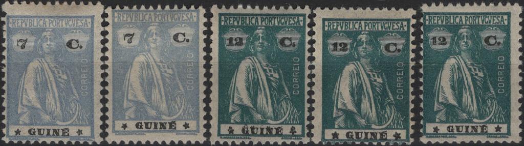 1319.jpg -     Lote:    1319            Guiné       Descrição:         1922 &mdash; Ceres. Novas cores e valores. Lote com 4 selos em papel liso, denteado 12x11 &frac12;: 2 selos de 7c ultramar com estrelas I/IV e II/IV, MF181a e 181b + três selos de 12c verde escuro com estrelas I/II, I/IV e III/I, MF182a, 182b e 182c. Valor de catálogo &euro; 100,00.         **/*       Valor Base:     &euro; 30,00     Valor Venda:     &euro;      