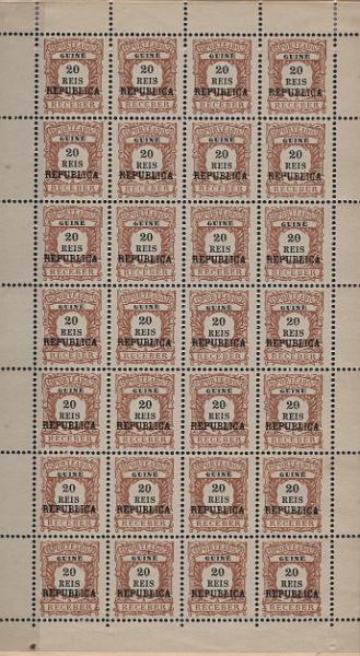 1330.jpg -     Lote:    1330            Guiné       Descrição:         1919 &mdash; Porteado. Emissão Regular. Selos de 1904, com sobrecarga REPUBLICA local. MF POR22, 20 reis castanho claro. Folha completa com 28 selos sem goma como emitidos. Valor de catálogo &euro; 364,00.         *       Valor Base:     &euro; 45,00     Valor Venda:     &euro;      