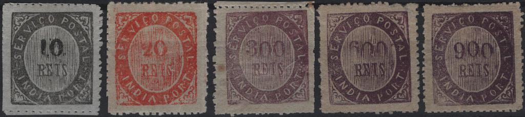 1353.jpg -     Lote:    1353            Índia       Descrição:         1873 &mdash; Nativos. Tipo IA. Mf16/20. Série completa de 5 selos, papel azulado fino, denteado de 12 &frac12; a 14 &frac12; de linha. Exemplares novos, com goma original, exceto selo de 10 reis sem goma e selo de 600 reis com goma não original. Exemplares sem defeitos nem reparações, exceto selo de 300 reis com dois pontos de óxido, com boa cor, apresentando o selo de 600 reis impressão parcial dos algarismos da taxa. Certificado de peritagem de J. Miranda da Mota. Valor de catálogo &euro; 1.255.00. Ex-Hernâni Viegas         **/*       Valor Base:     &euro; 200,00     Valor Venda:     &euro;      