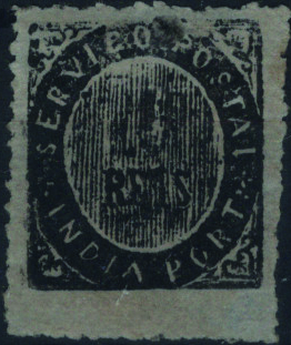 1354.jpg -     Lote:    1354            Índia       Descrição:         1874 &mdash; Nativos. Tipo IC. MF21, 10 reis preto, papel azulado fino. Exemplar com goma original e charneira, com pequenos defeitos na goma, com DUPLA IMPRESSÃO DA TAXA. Certificado de peritagem de Leilões P. Dias, Lda. NÃO CATALOGADO.         **       Valor Base:     &euro; 200,00     Valor Venda:     &euro;      