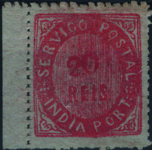 1361.jpg -     Lote:    1361            Índia       Descrição:         1871 &mdash; Nativos. Tipo II. Mf 29e, 20 reis vermelho, papel azulado fino, denteado 12 &frac12; a 14 &frac12; de linha. Exemplar com goma original e charneira, sem defeitos nem reparações. Certificado de peritagem de J. Miranda da Mota. Valor de catálogo &euro; 410,00. Ex-Hernâni Viegas.         **       Valor Base:     &euro; 75,00     Valor Venda:     &euro;      