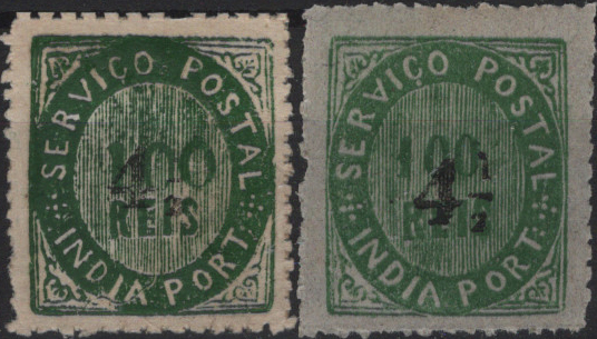 1368.jpg -     Lote:    1368            Índia       Descrição:         1883 &mdash; Nativos. Com sobretaxa em moeda local. CE124a, 4 &frac12; s/ 100 reis, verde escuro, papel espesso, tipo II + 124c, 4 &frac12; s/ 100 reis verde, papel azulado fino, tipo IIB. Exemplares novos com goma original e charneira sem defeitos nem reparações. Valor de catálogo &euro; 135.00.         **       Valor Base:     &euro; 25,00     Valor Venda:     &euro;      