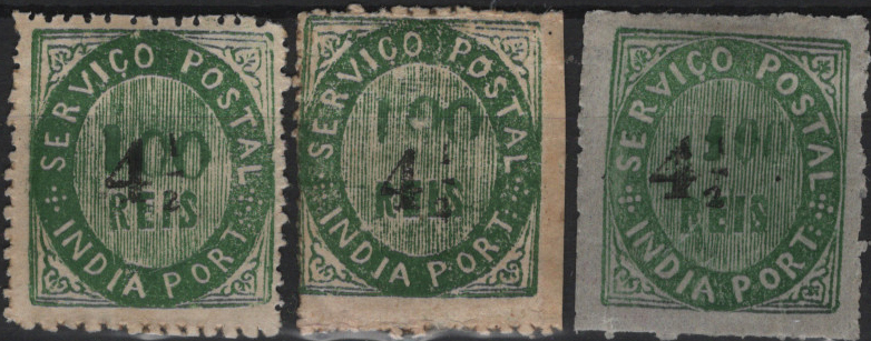 1369.jpg -     Lote:    1369            Índia       Descrição:         1883 &mdash; Nativos. Com sobretaxa em moeda local. Lote composto por 3 selos com goma original e charneira: Mf124a, 4 &frac12; s/ 100 reis verde escuro, tipo II, papel espesso + Mf124b, 4 &frac12; s/ 100 reis verde, tipo II, papel avergoado + Mf124c 4 &frac12; s/ 100 reis verde, tipo IIB, papel azulado fino. Valor de catálogo &euro; 210,00.         **       Valor Base:     &euro; 40,00     Valor Venda:     &euro;      