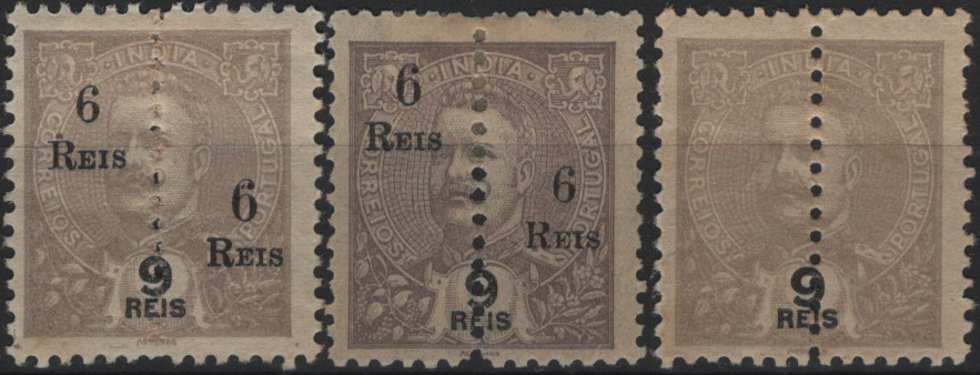 1387.jpg -     Lote:    1387            Índia       Descrição:         1911/13 &mdash; D. Carlos I Mouchon. Perfurados ao meio, com sobretaxa. Mf221, 6 reis s/ 9 reis lilás malva. Lote com 3 selos: um com "6" pequeno no selo à esquerda; outro com "6" pequeno à direita" e outro perfurado ao meio sem a sobretaxa.         **       Valor Base:     &euro; 20,00     Valor Venda:     &euro;      