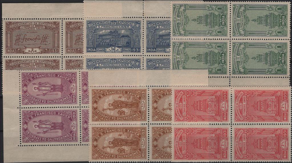 1402.jpg -     Lote:    1402            Índia       Descrição:         1931 &mdash; Exposição de S. Francisco Xavier. MF327/332. Série completa em quadras. Exemplar sem defeitos nem reparações com goma original com sinal de charneira nos dois primeiros selos e sem charneira nos outros selos. Valor de catálogo &euro; 336,00.         ***/**       Valor Base:     &euro; 65,00     Valor Venda:     &euro;      