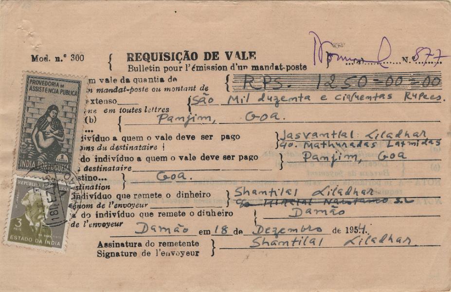1403.jpg -     Lote:    1403            Índia       Descrição:         1954 &mdash; + Imposto Postal * Assistência Pública + Centenário do Nascimento do Dr. Gama Pinto. Requisição de vale emitido de Damão (18.12.54) para Goa no valor de Rps 1250, com selo de 3 reis Mf435 e 1Tg cinzento, Mf IP10. B e R.         DOC       Valor Base:     &euro; 30,00     Valor Venda:     &euro;      