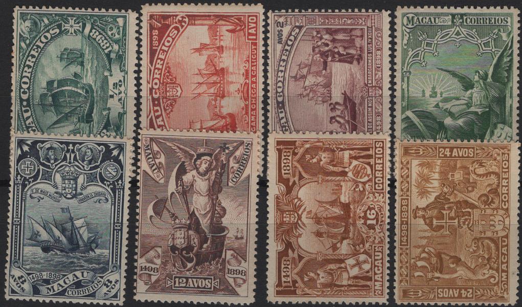 1428.jpg -     Lote:    1428            Macau       Descrição:         1898 &mdash; 4.º Centenário da Descoberta do Caminho Marítimo para a Índia. Mf 70/77. Série completa com goma original e sinal de charneira, sem defeitos nem reparações. Valor de catálogo &euro; 165,00.         **       Valor Base:     &euro; 40,00     Valor Venda:     &euro;      