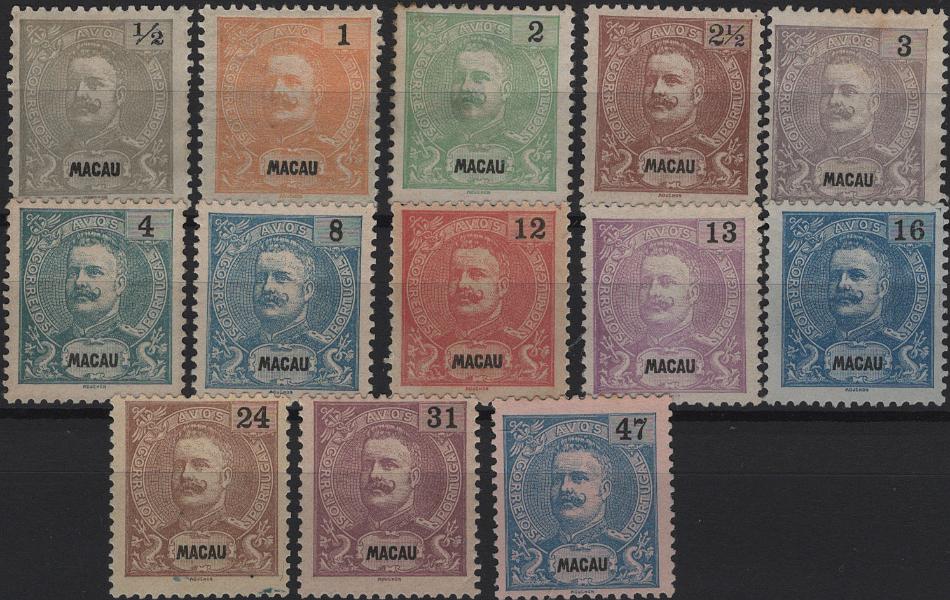 1429.jpg -     Lote:    1429            Macau       Descrição:         1898 &mdash; D. Carlos I Mouchon. Mf 78/90. Série completa noca sem goma, sem defeitos nem reparações. Valor de catálogo &euro; 175,00.         *       Valor Base:     &euro; 35,00     Valor Venda:     &euro;      